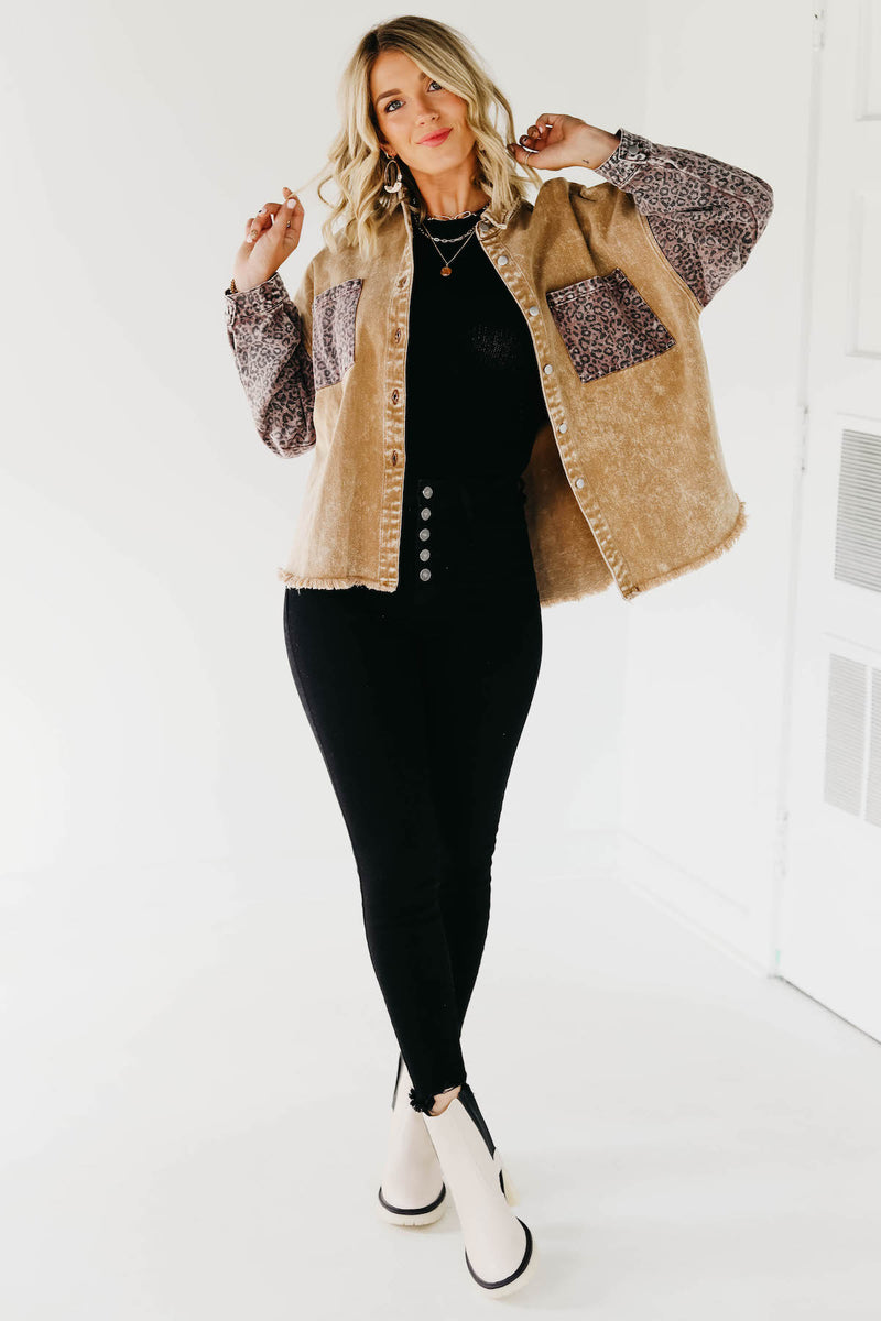 The Myla Leopard Contrast Button Down Jacket