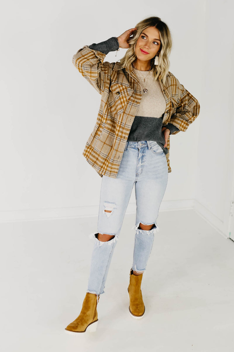 The Destiny Plaid Button Down Shacket  - Taupe