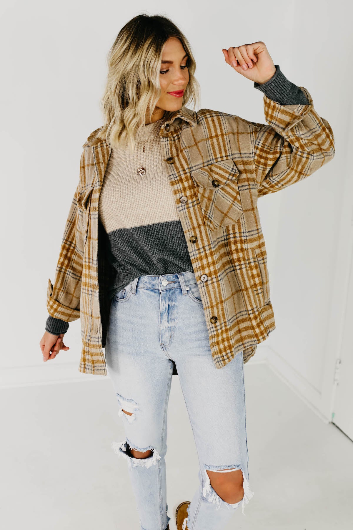 The Destiny Plaid Button Down Shacket  - Taupe
