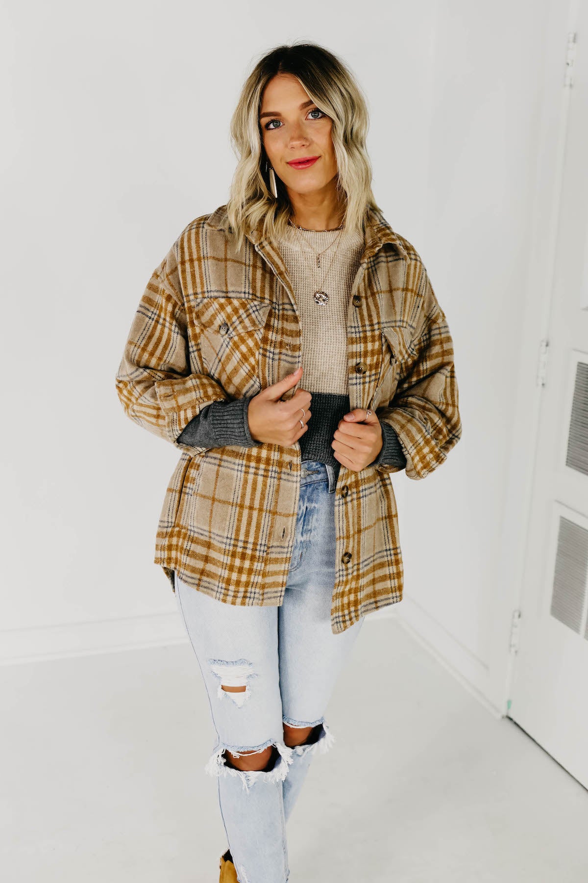 The Destiny Plaid Button Down Shacket  - Taupe