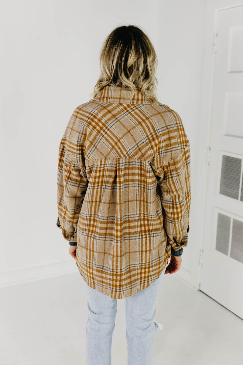 The Destiny Plaid Button Down Shacket  - Taupe