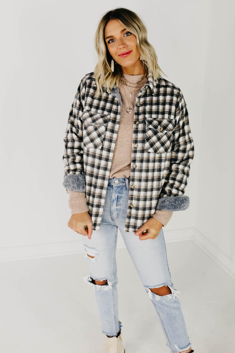 The Selena Faux Fur Lined Shacket - Charcoal