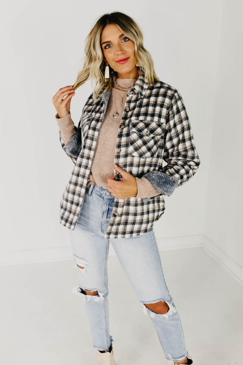 The Selena Faux Fur Lined Shacket - Charcoal