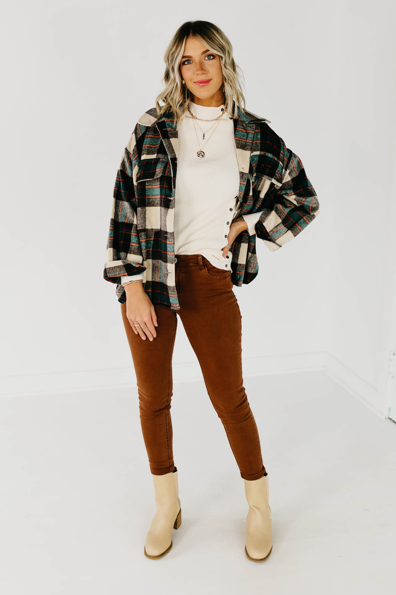 The Carissa Brushed Plaid Shacket - Brown Multi