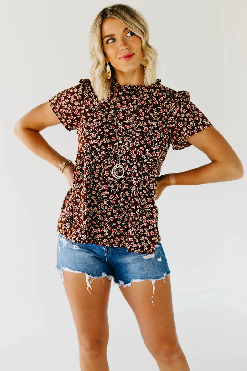 The Norah Ruffle Neck Top - Brown