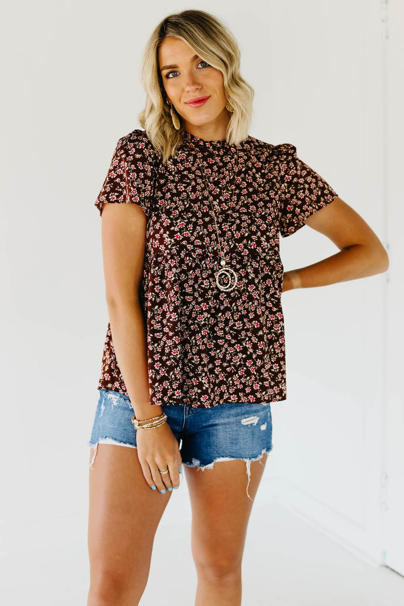 The Norah Ruffle Neck Top - Brown
