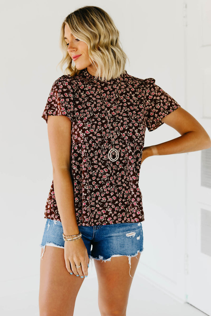 The Norah Ruffle Neck Top - Brown