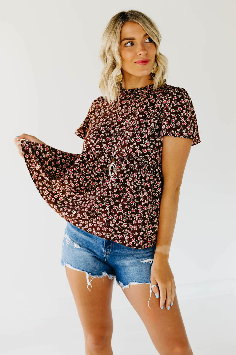 The Norah Ruffle Neck Top - Brown