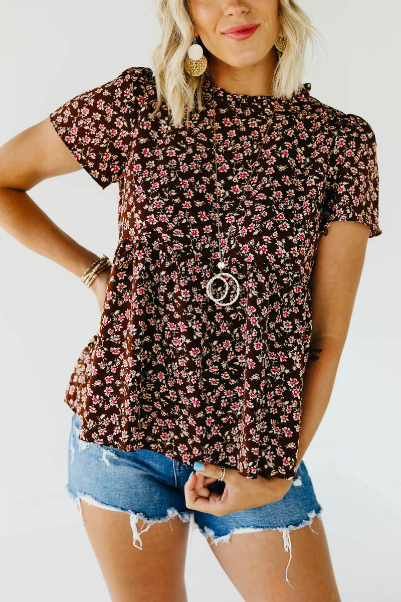 The Norah Ruffle Neck Top - Brown