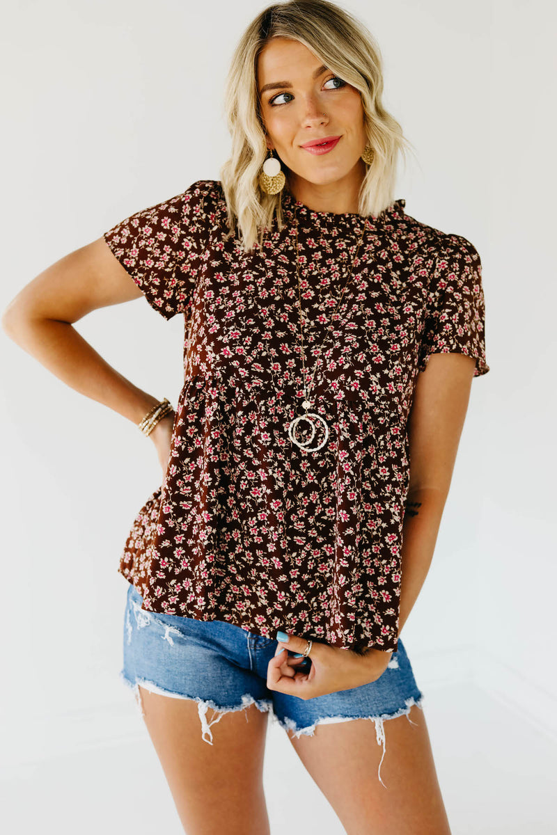 The Norah Ruffle Neck Top - Brown