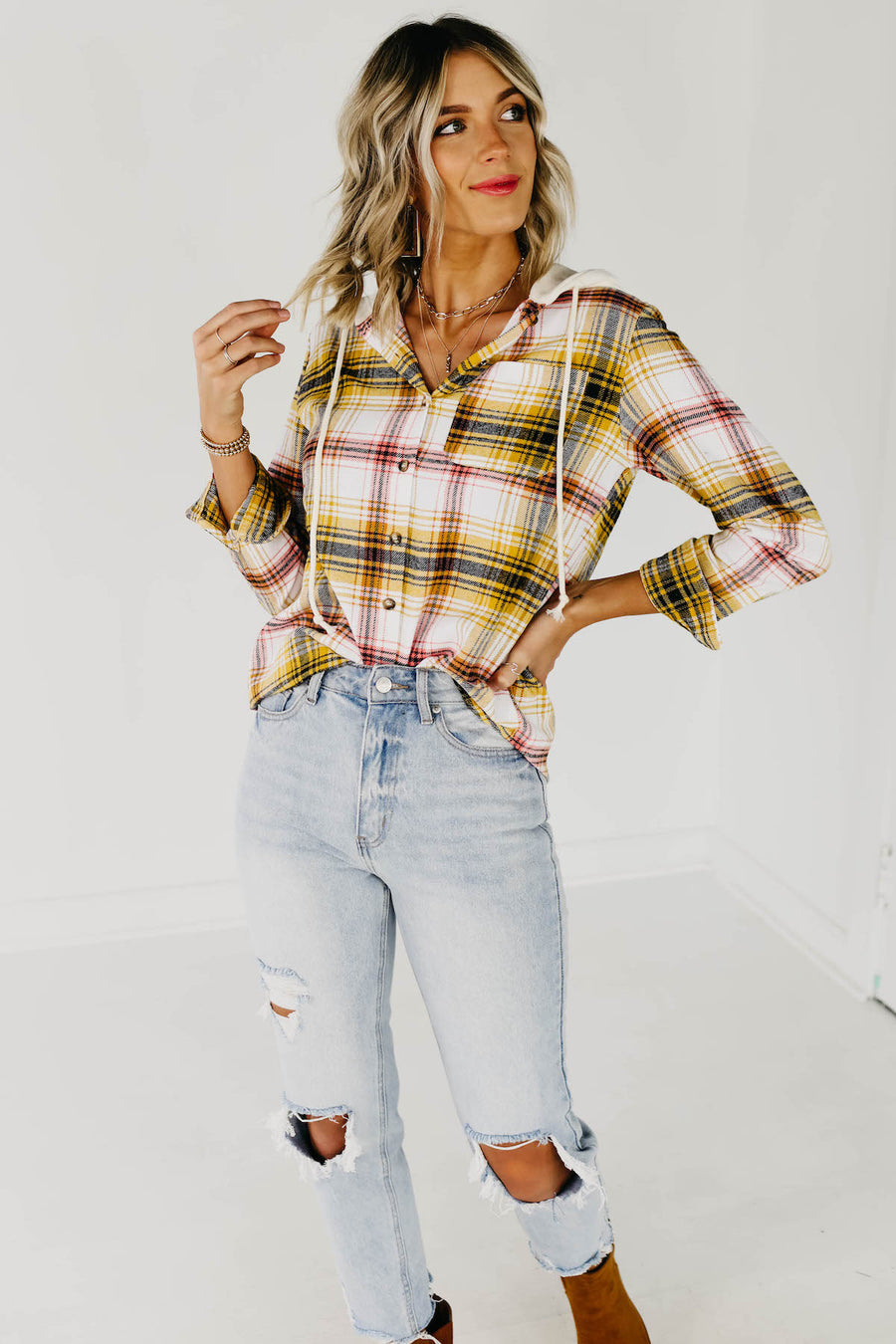 The Trista Plaid Hooded Top - Yellow Multi
