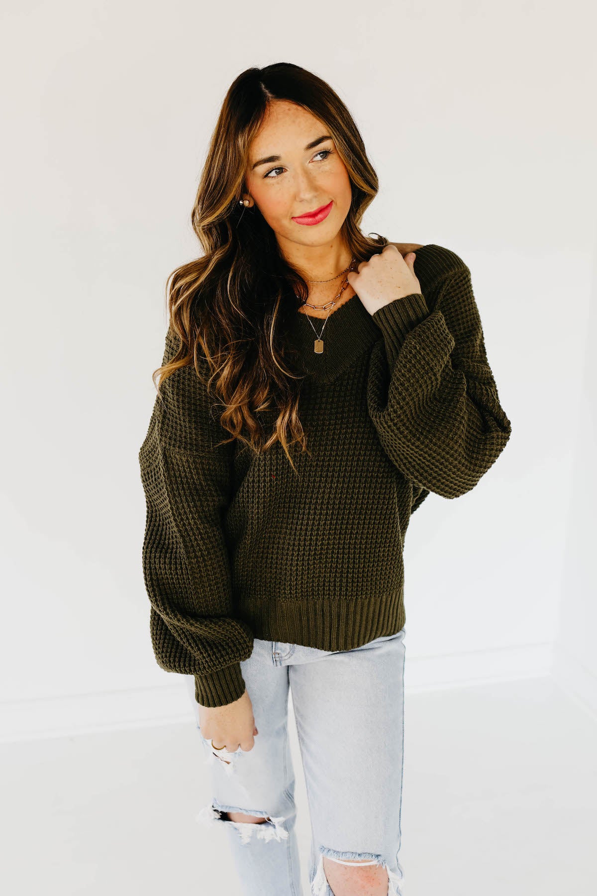 The Tucker V-Neck Waffle Sweater - Dusty Olive