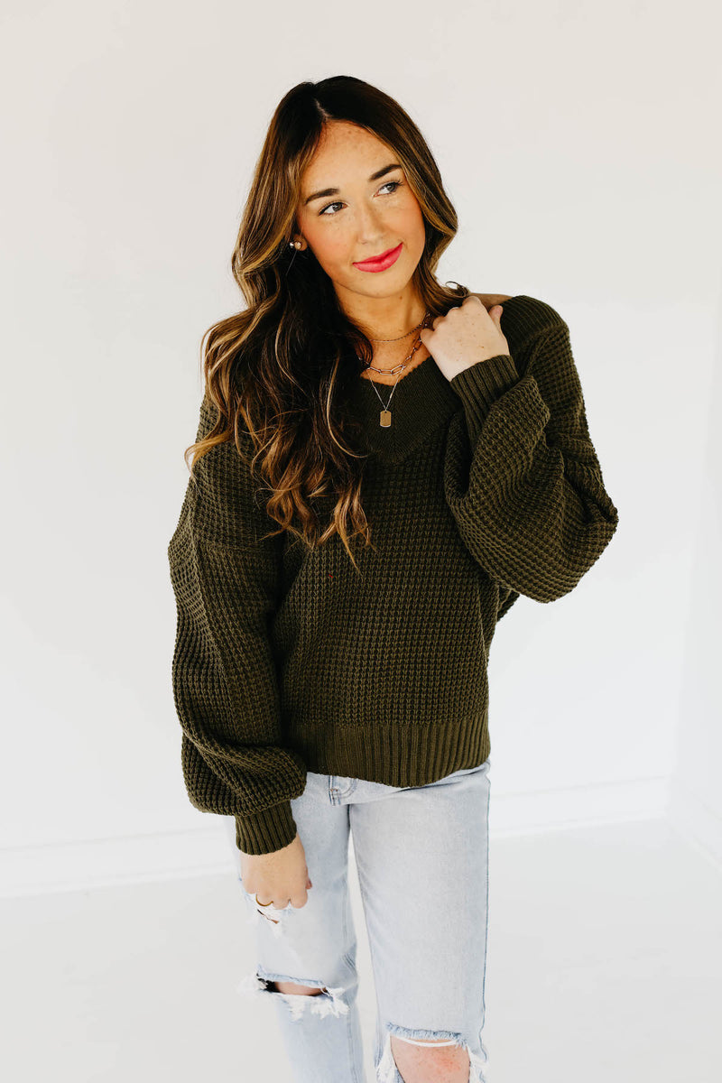 The Tucker V-Neck Waffle Sweater - Dusty Olive