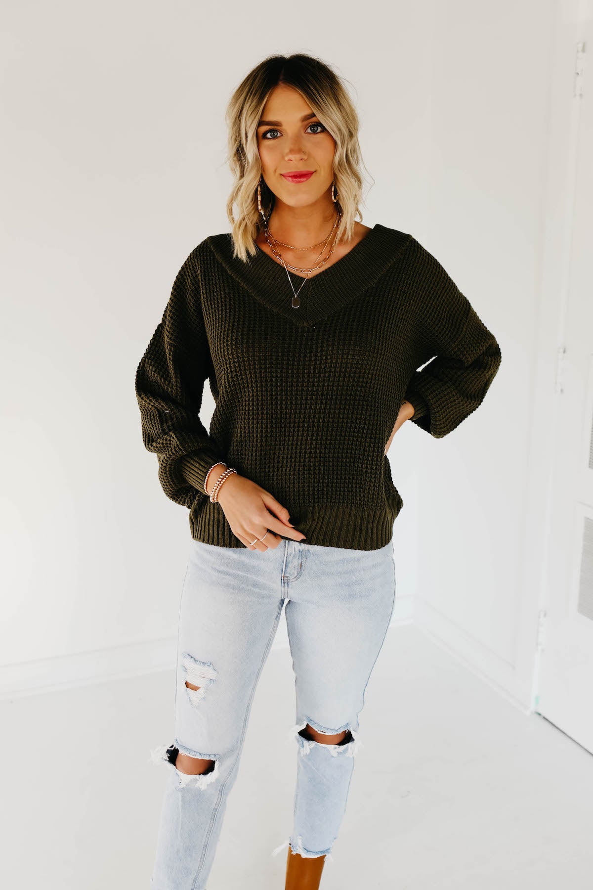 The Tucker V-Neck Waffle Sweater - Dusty Olive