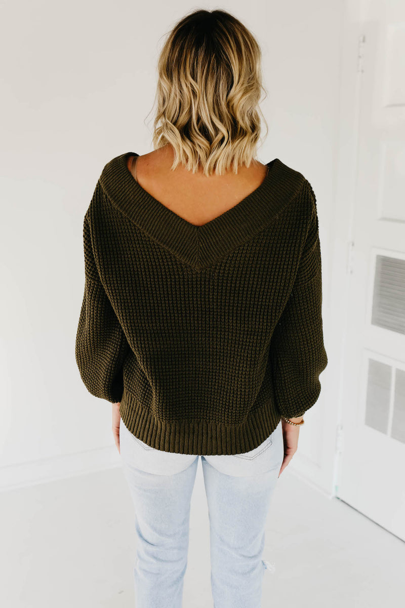 The Tucker V-Neck Waffle Sweater - Dusty Olive