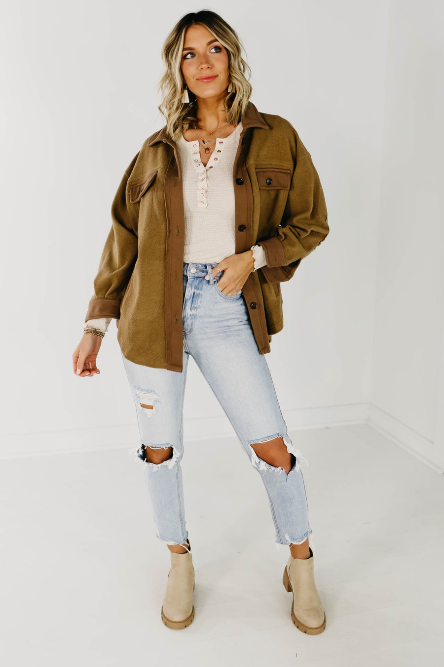 The Bryce Fleece Shacket - Latte