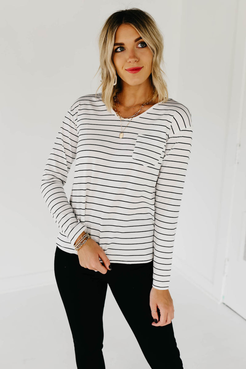 The Damian Round Neck Stripe Top - Ivory/Black