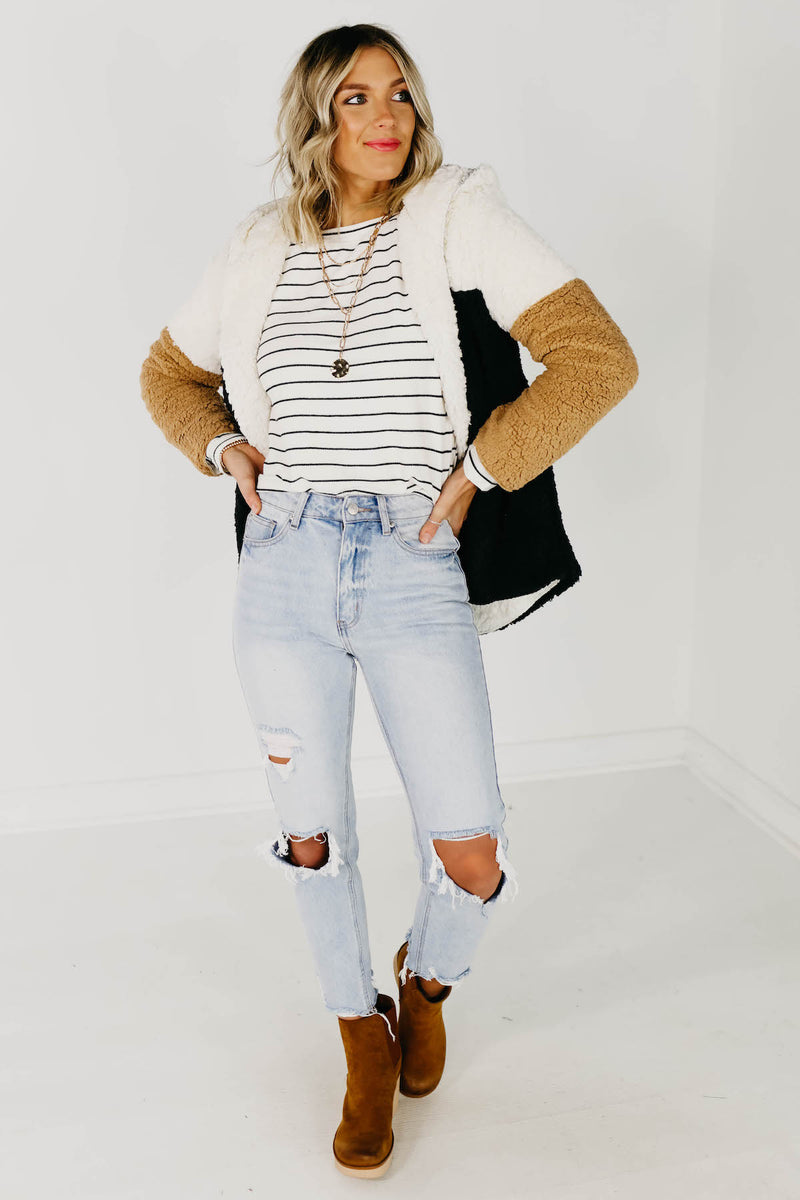 The Alondra Faux Shearling Block Sherpa Coat - Ivory Multi
