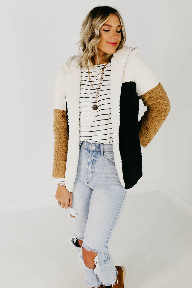 The Alondra Faux Shearling Block Sherpa Coat - Ivory Multi