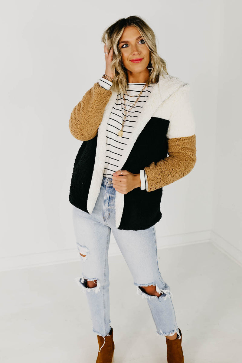 The Alondra Faux Shearling Block Sherpa Coat - Ivory Multi