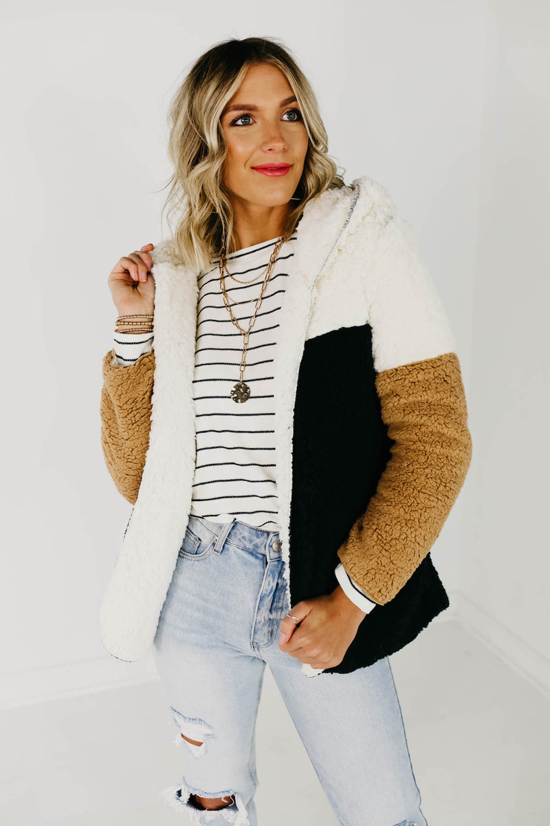The Alondra Faux Shearling Block Sherpa Coat - Ivory Multi