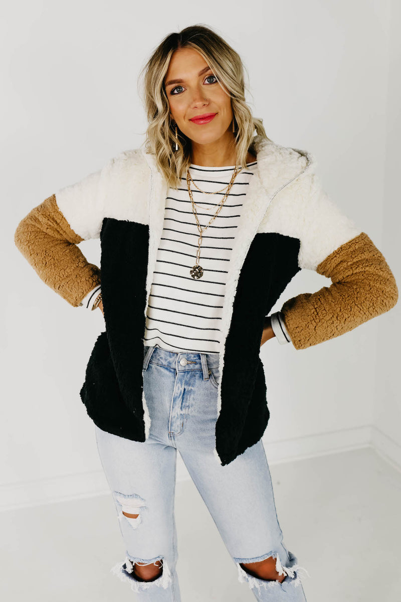 The Alondra Faux Shearling Block Sherpa Coat - Ivory Multi