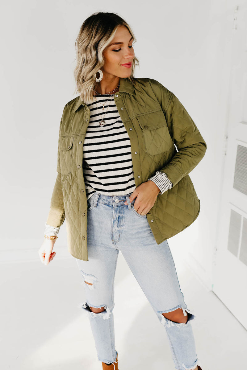 The Samara Quilted Shacket - Dusty Olive