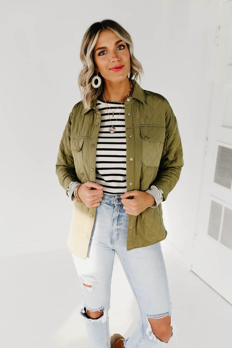 The Samara Quilted Shacket - Dusty Olive