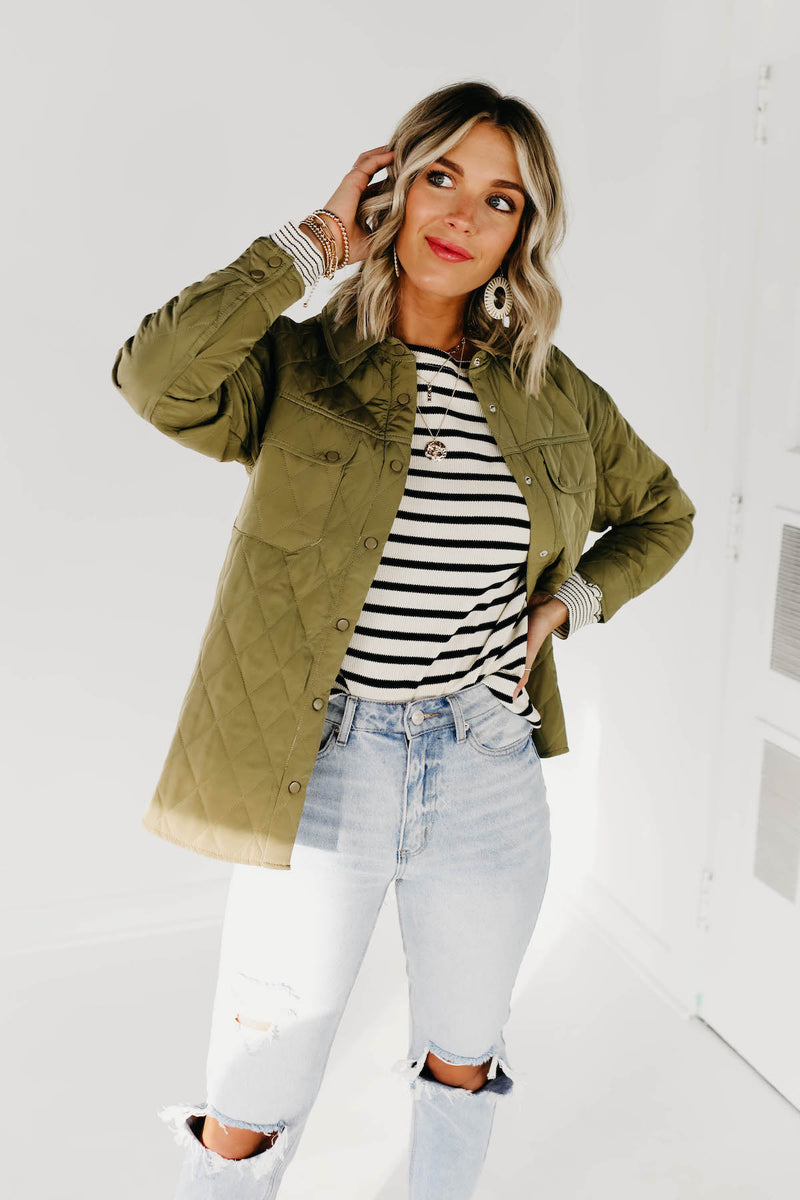 The Samara Quilted Shacket - Dusty Olive