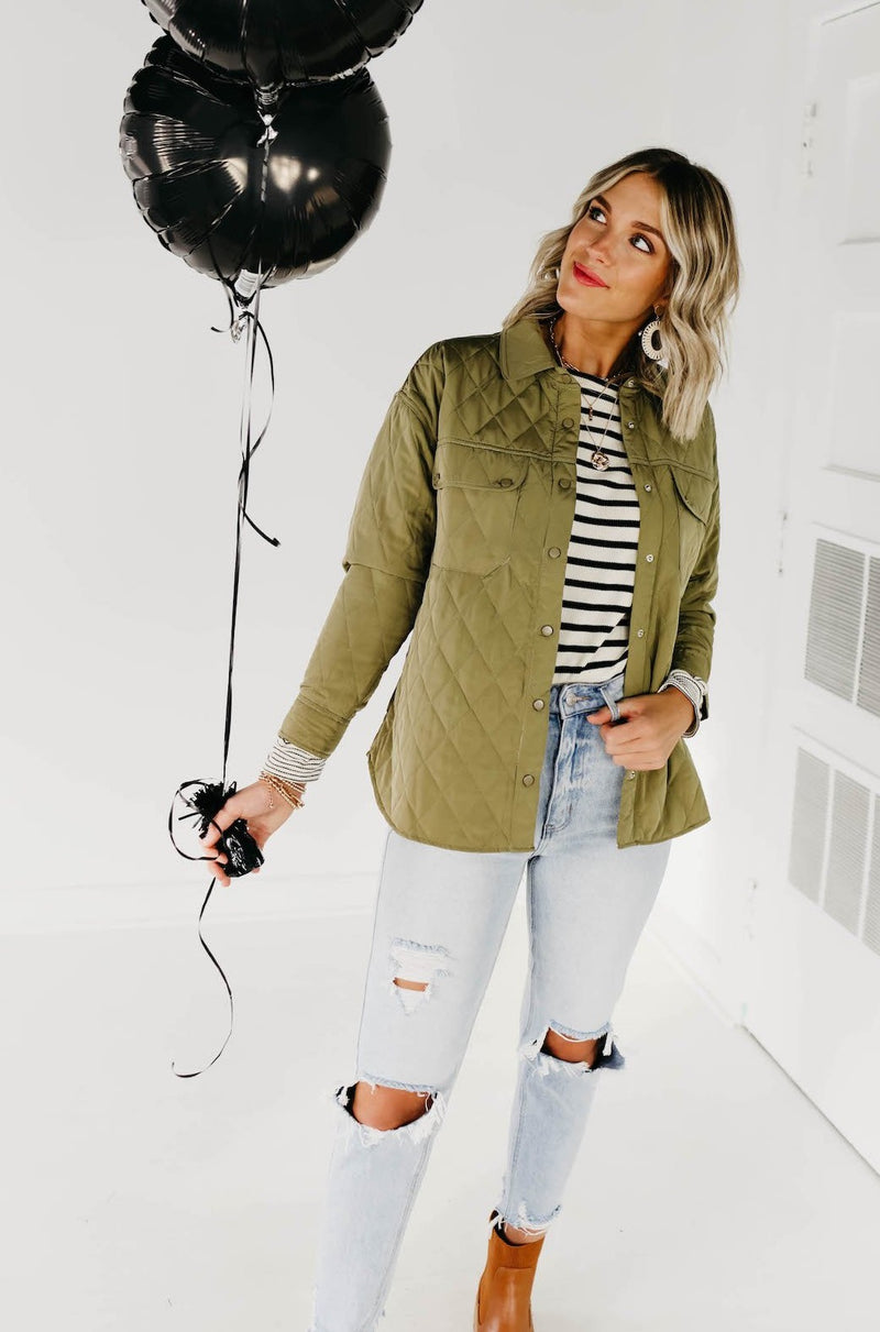 The Samara Quilted Shacket - Dusty Olive