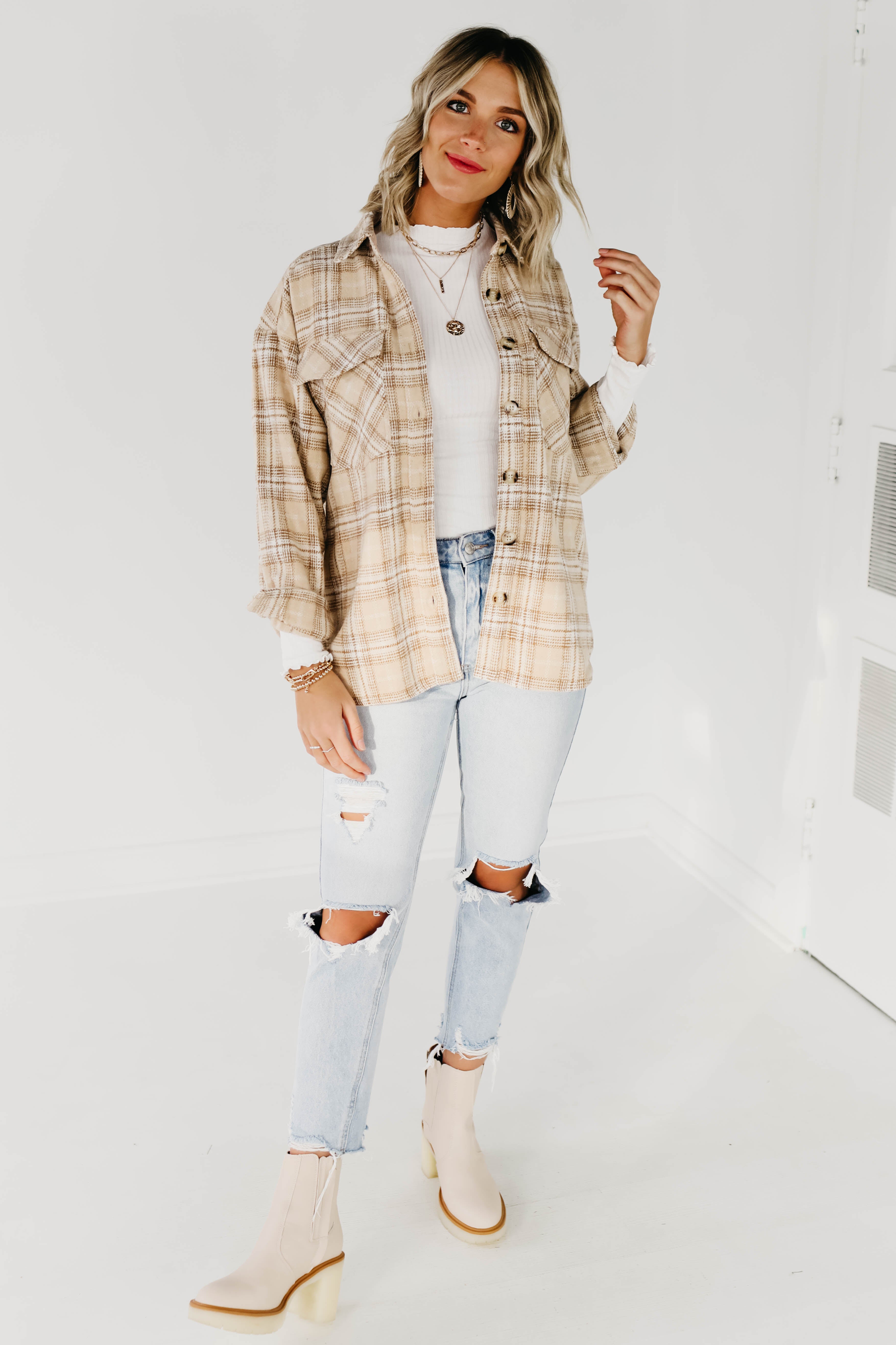 The Charlee Plaid Shacket - Natural