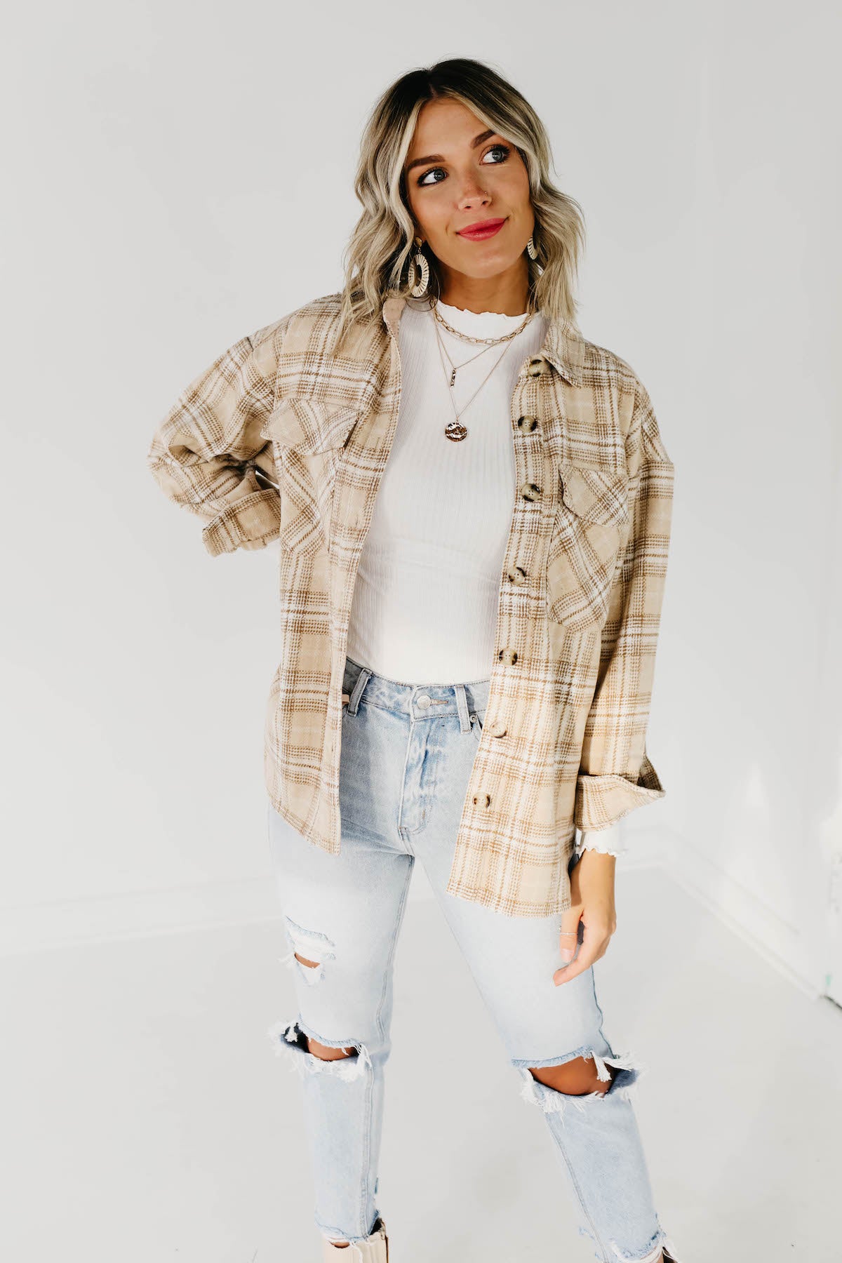 The Charlee Plaid Shacket - Natural