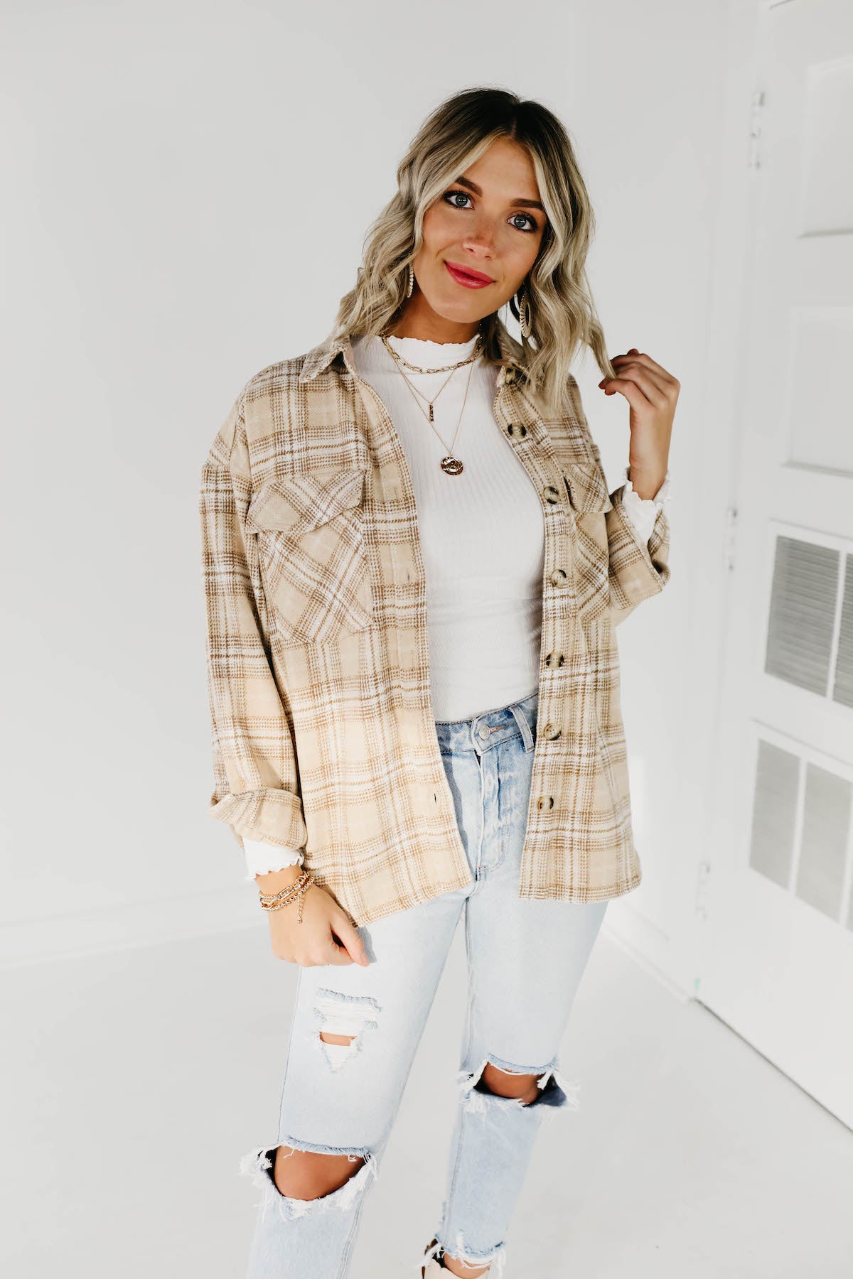 The Charlee Plaid Shacket - Natural