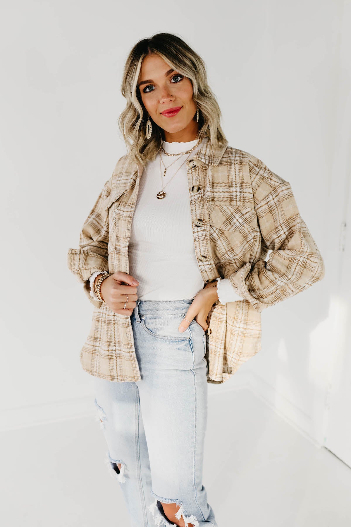 The Charlee Plaid Shacket - Natural