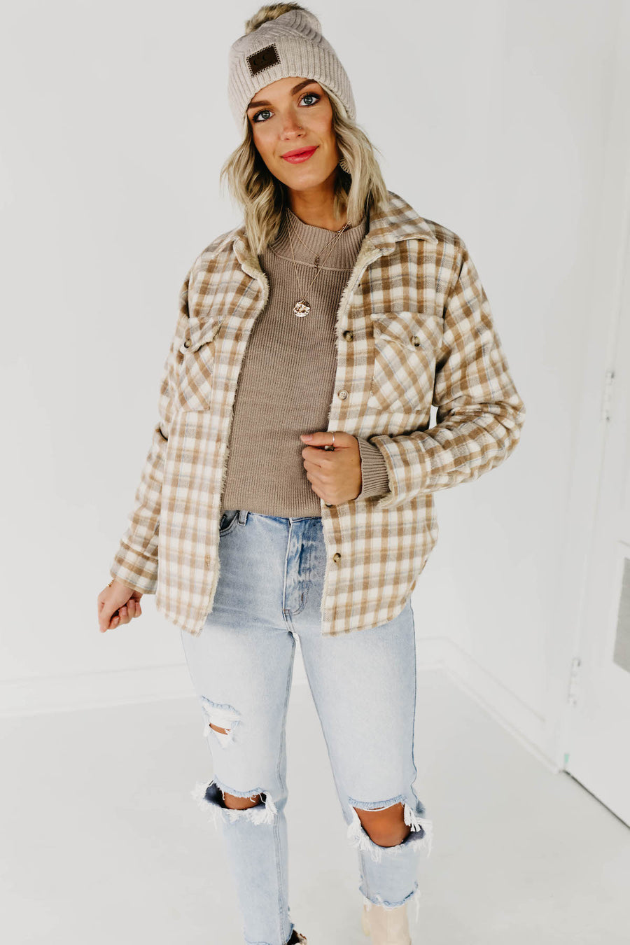 The Selena Plaid Faux Fur Shacket - Light Taupe