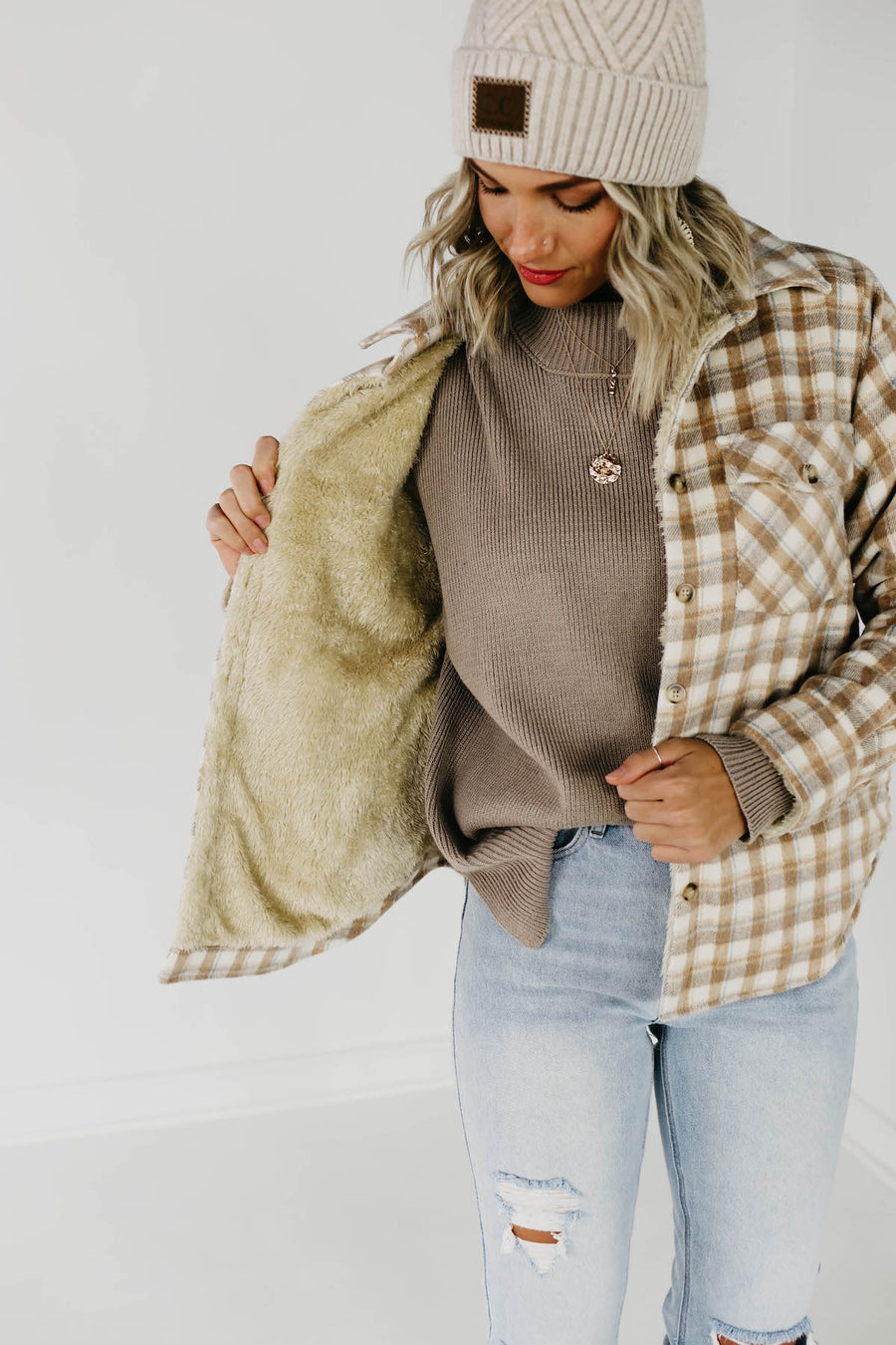 The Selena Plaid Faux Fur Shacket - Light Taupe