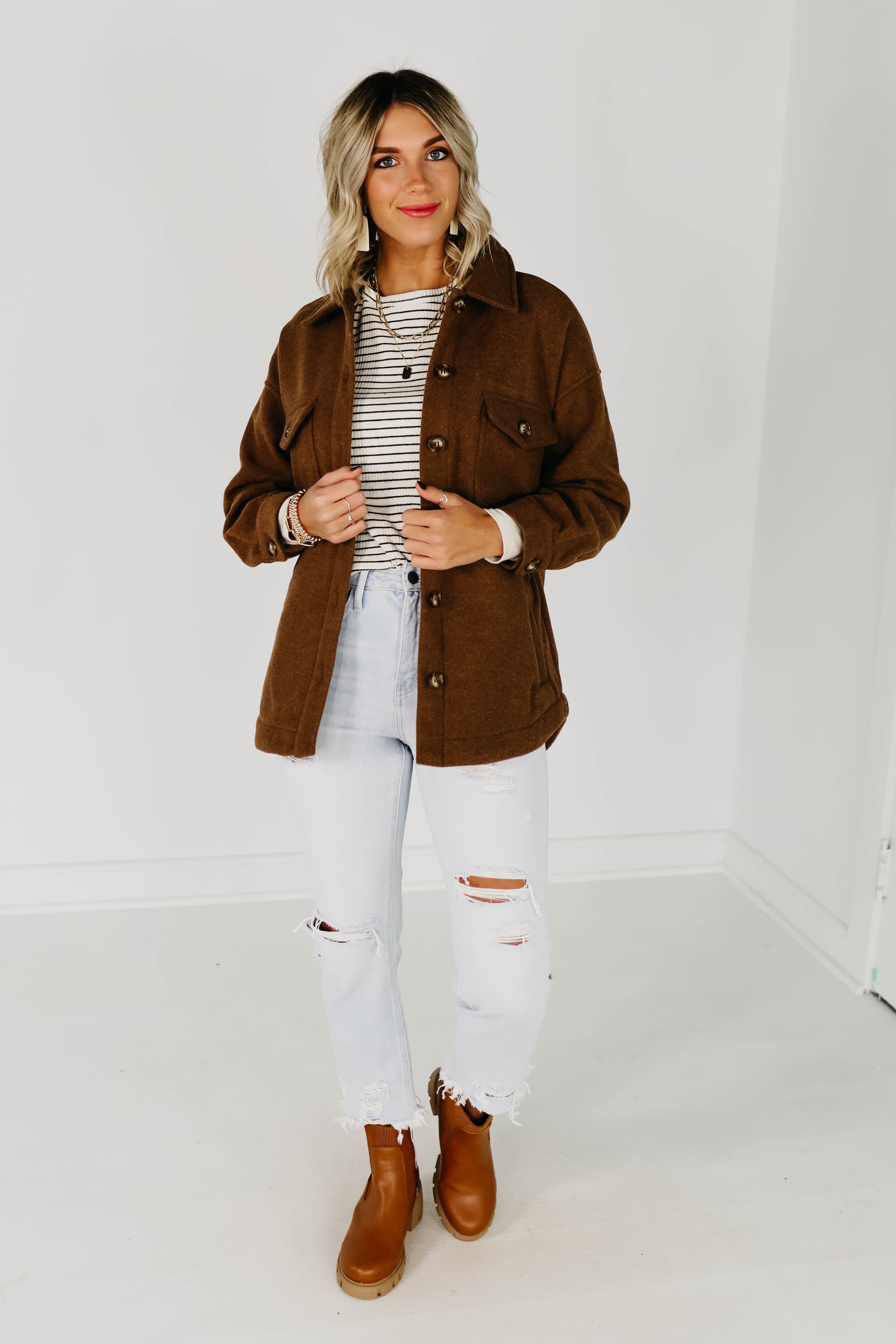 The Laylan Button Down Shacket - Caramel