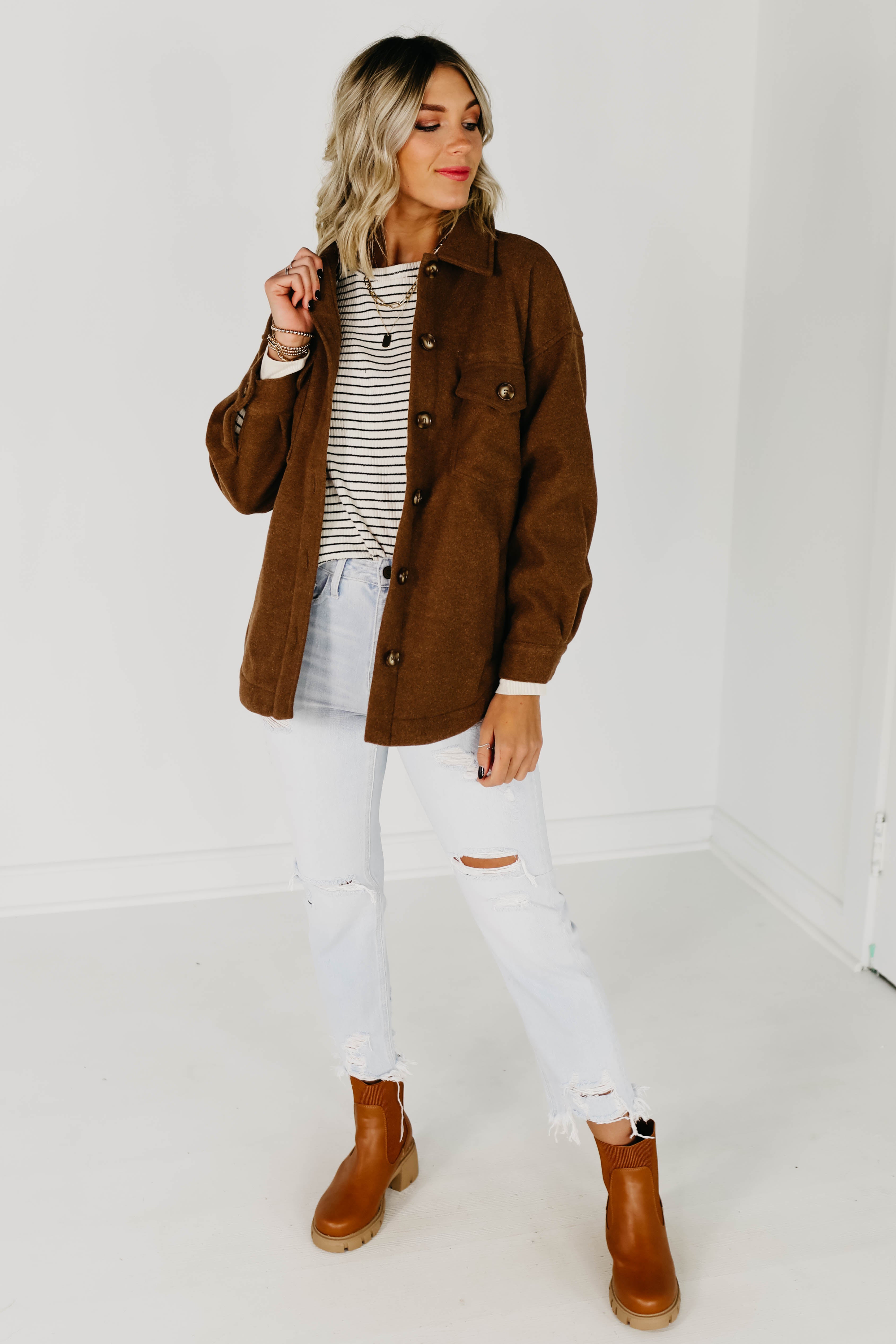 The Laylan Button Down Shacket - Caramel