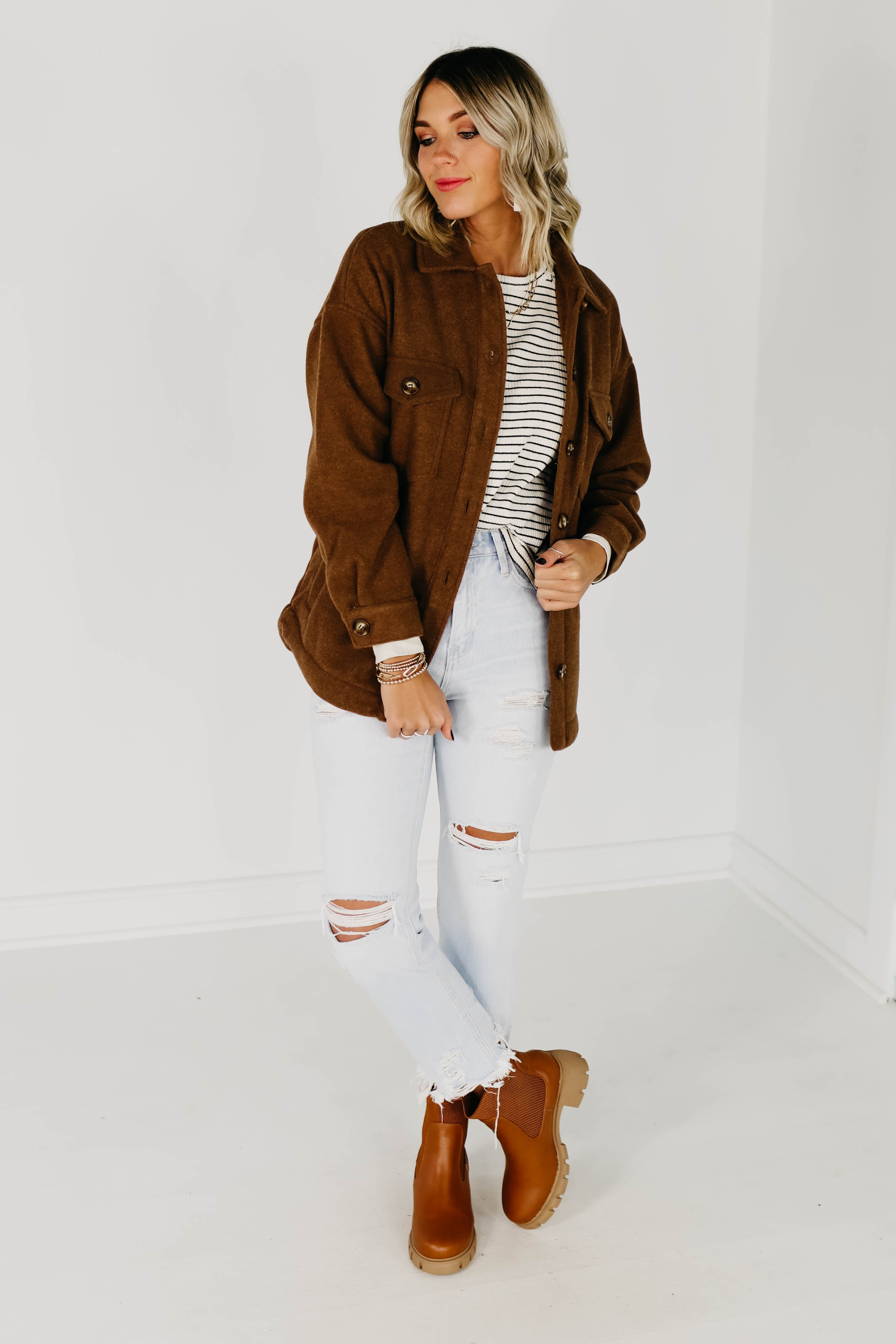 The Laylan Button Down Shacket - Caramel