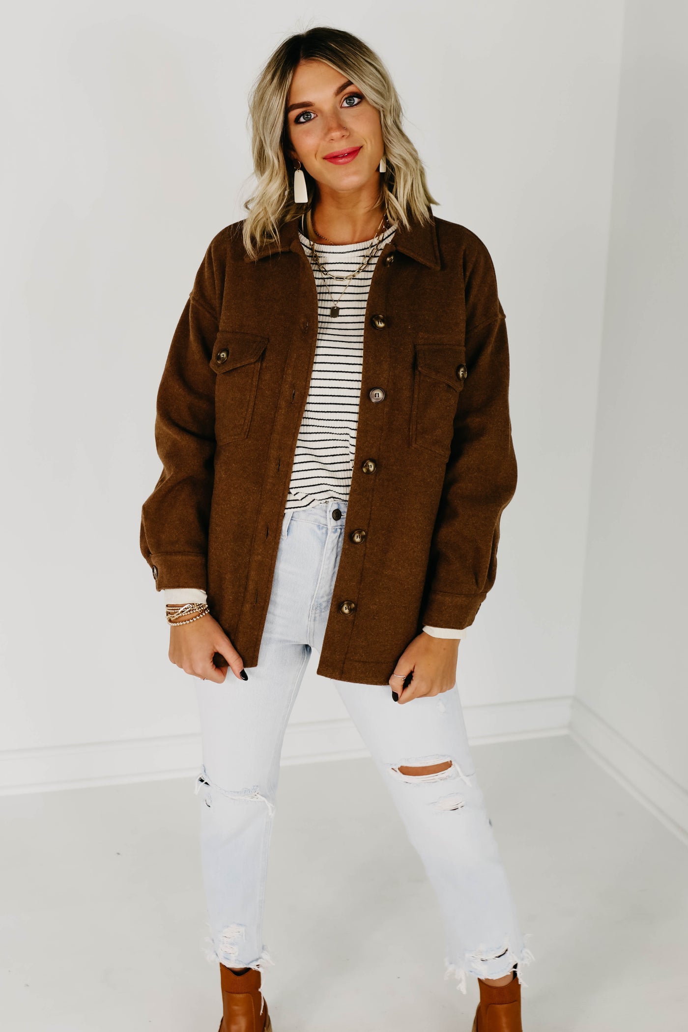 The Laylan Button Down Shacket - Caramel