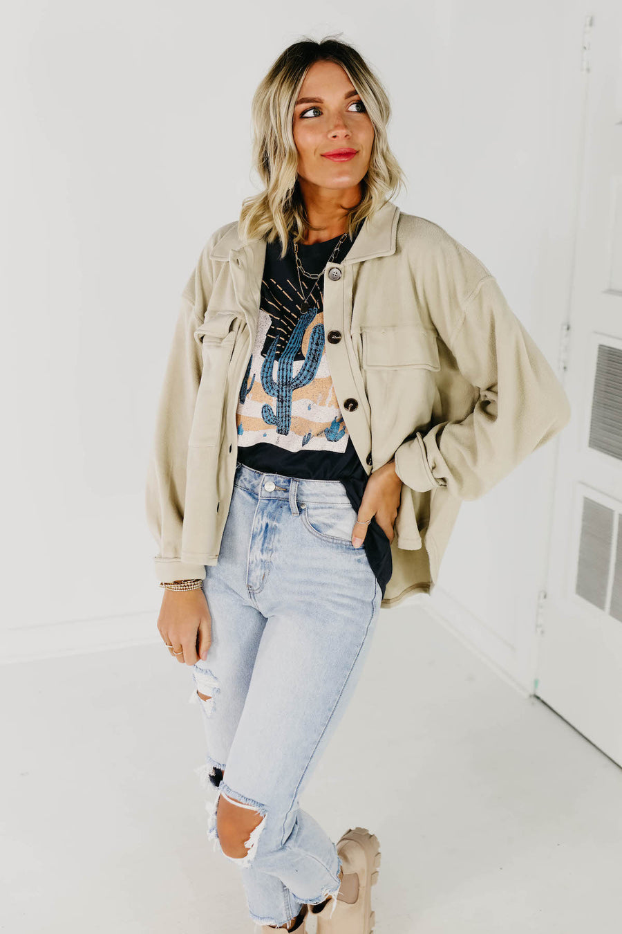The Makayla Fleece Shacket - Mist
