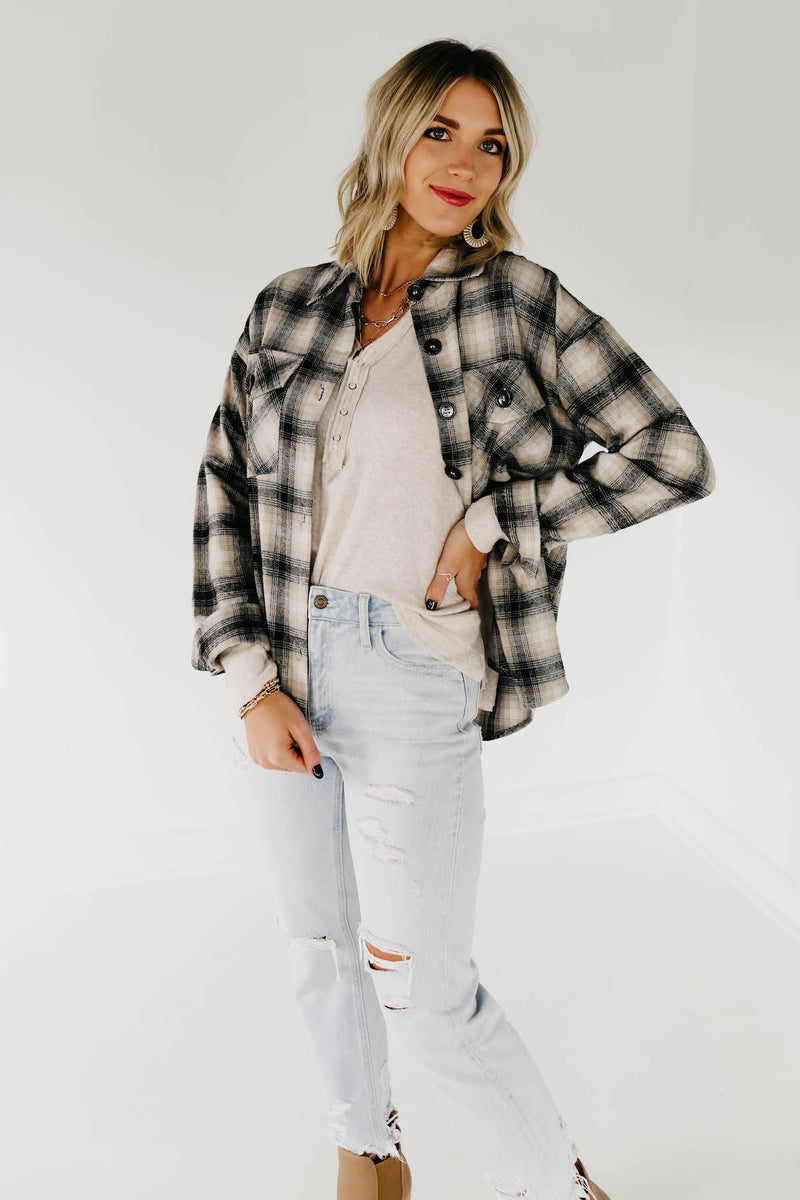 The Seth Plaid Button Down Shacket - Taupe Multi