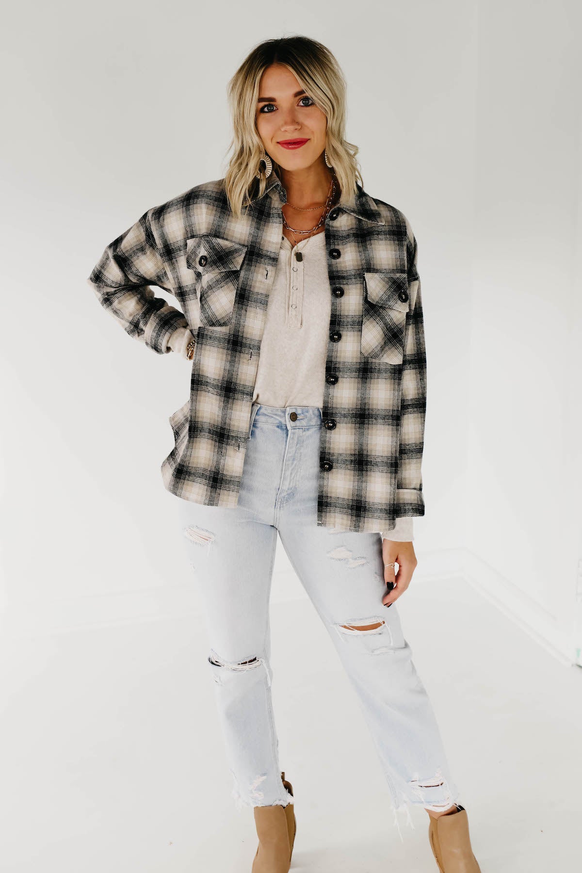 The Seth Plaid Button Down Shacket - Taupe Multi