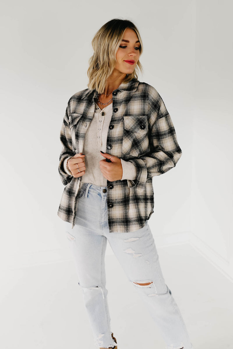 The Seth Plaid Button Down Shacket - Taupe Multi