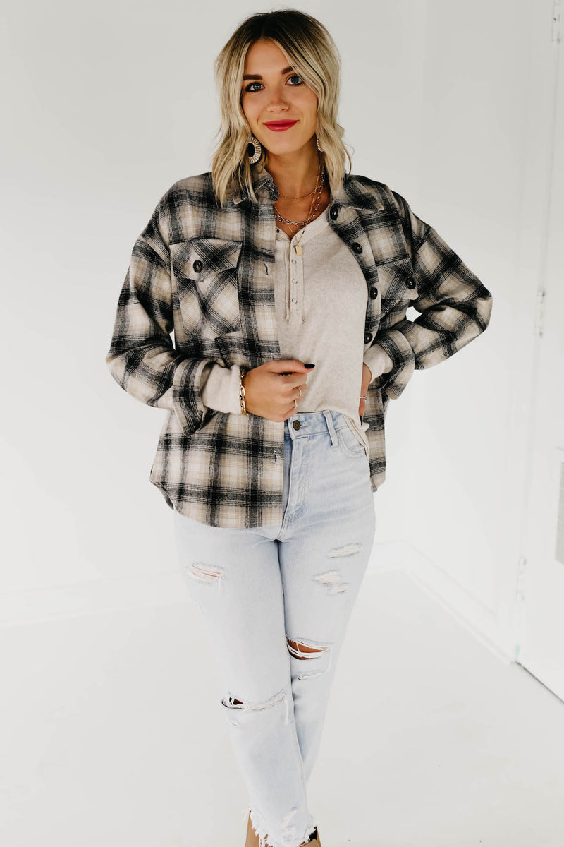 The Seth Plaid Button Down Shacket - Taupe Multi
