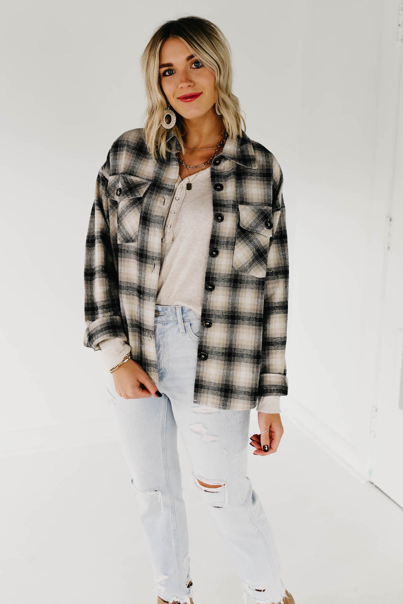 The Seth Plaid Button Down Shacket - Taupe Multi
