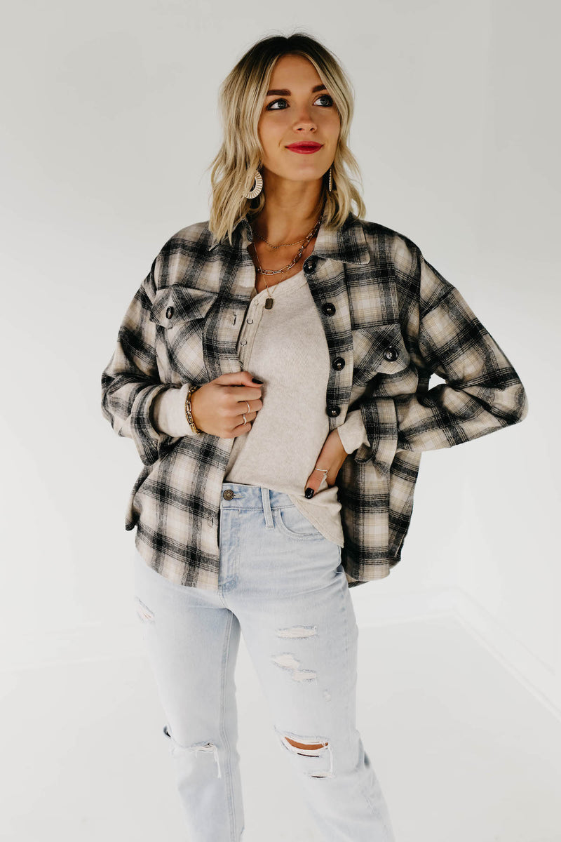 The Seth Plaid Button Down Shacket - Taupe Multi