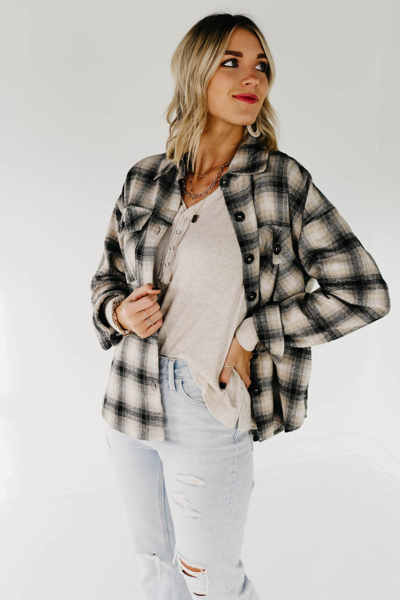 The Seth Plaid Button Down Shacket - Taupe Multi