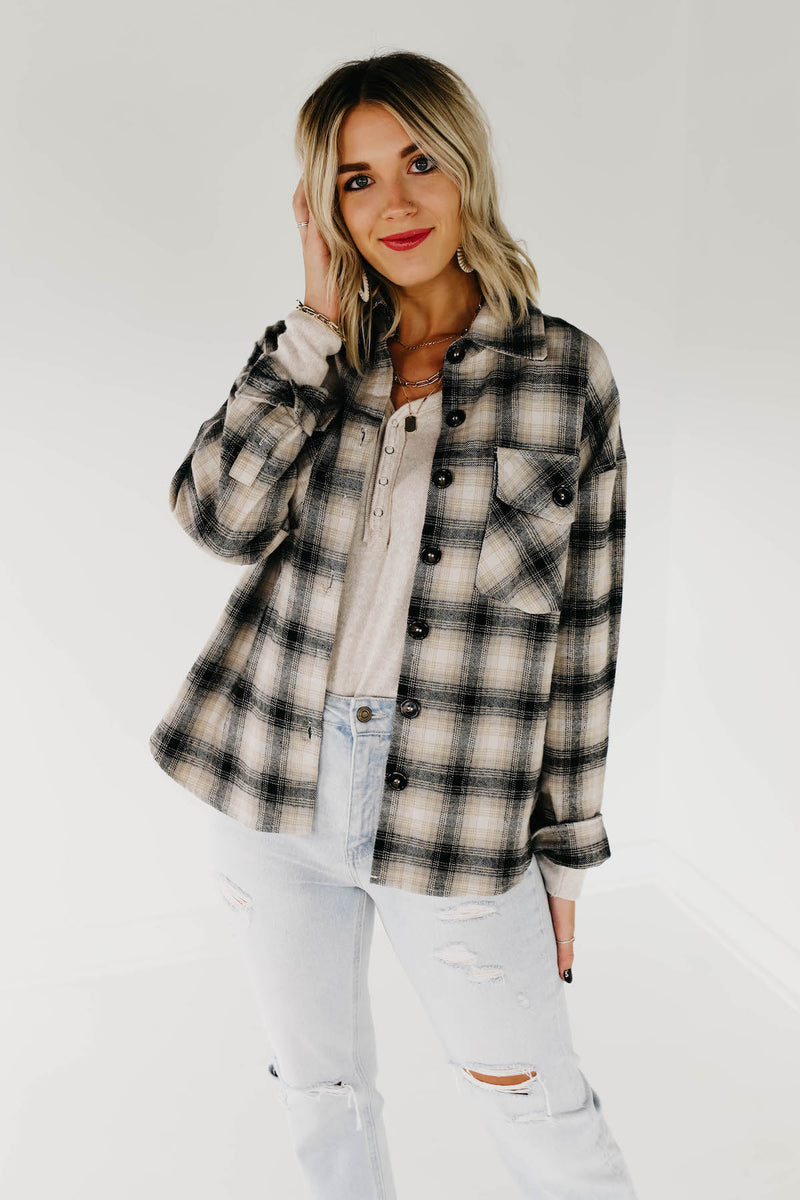 The Seth Plaid Button Down Shacket - Taupe Multi