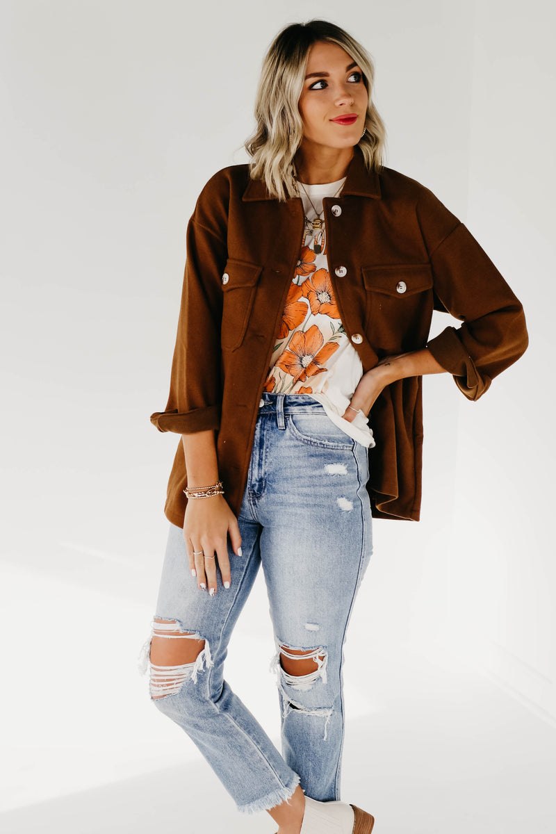 The Margaret Collared Shacket - Brown